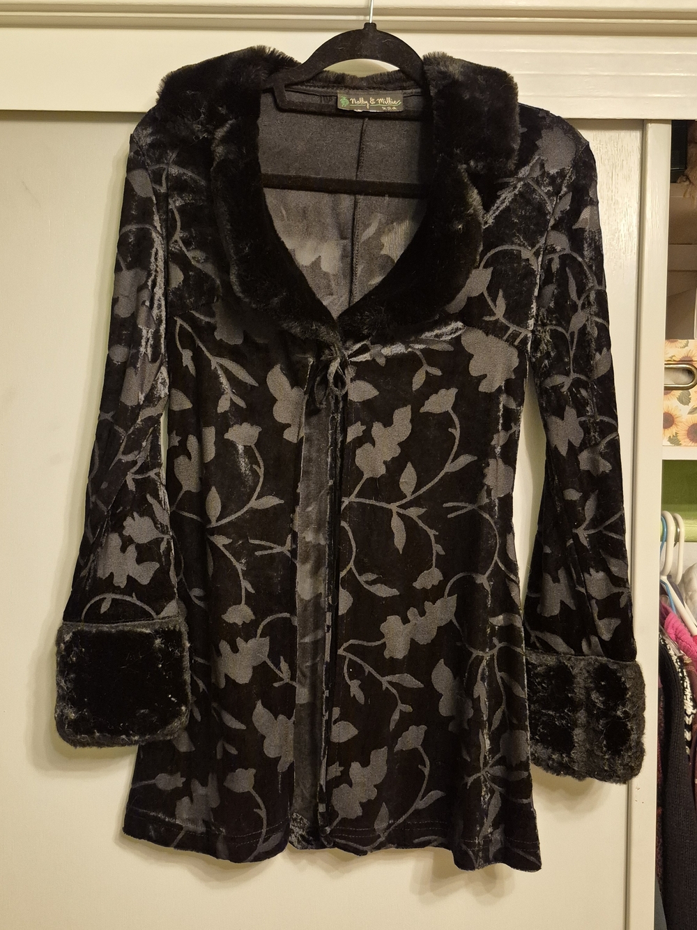 Black Floral Velvet Coat with Faux Fur Trim